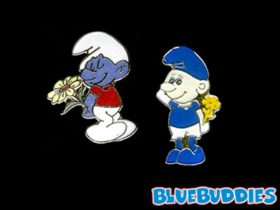 Smurf Pin - Cloisonne - Shy Smurf with Flower